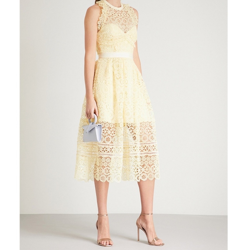Self Portrait Yellow Guipure Lace Halter Midi Dress size US6 - Picture 1 of 5